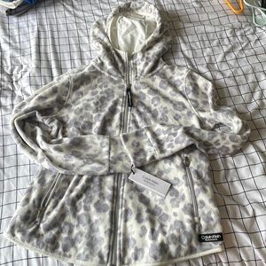 Calvin Klein hooded leopard cheetah print fuzzy zip up jacket